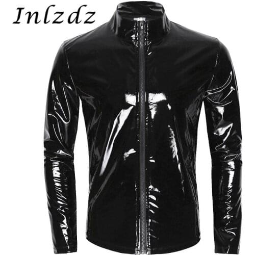 Men Shiny T-shirt Tops Metallic Front-Zip Stand Collar Long Sleeve Tops Wet Look Patent Leather Nightclub Style T-shirt Top Coat