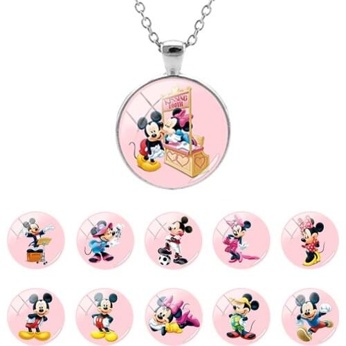 Disney Mickey Mouse Pink Background Glass Dome Pendant Chain Necklace Gifts for Best Friends Cabochon Jewelry Hot Sale MIK575-25
