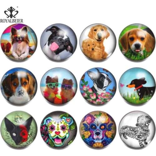 ROYALBEIER 12pcs/lot Cute Dog Snap Buttons Small 18mm Animal Pattern Glass Snap Fit Snap Bracelet Necklace Jewelry KZ1006