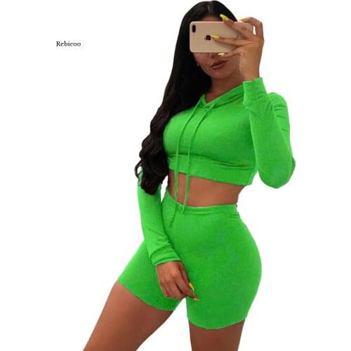 Fitness Solid Bandage Tracksuit Women Lounge Wear Hoodie Crop Top with Biker Shorts Two Piece Set Outfit Jogging Femme