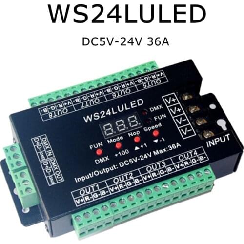 WS24LULED 24CH Easy DMX Decoder Controller 24 Channel Dimmer each Channel Digital Display RGB Light DC5V-24V 36A for LED Strip