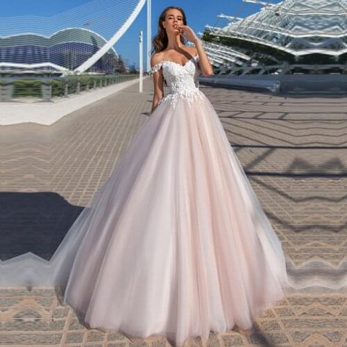 Off the Shoulder Tulle A Line Wedding Dresses Sleeveless Lace Applique Pink Bridal Gowns See-through Back Lace Up