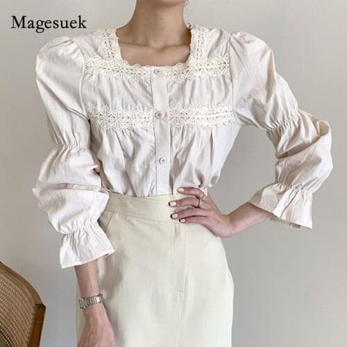 Spring Women Blouse Korea Square Neck Crochet Lace Splicing Puff Sleeve Shirt Ladies Fashion Solid Slim Elegant Top Blusas 13518