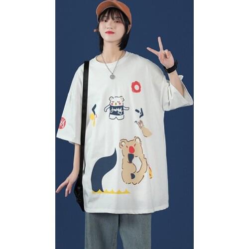 KULIQI Cartoon Printed Big Girls Casual T-shirts Short Sleeve Breathable Summer Loose Tees for Women