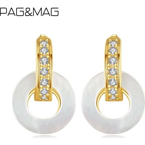 PAG&MAG 925 Sterling Silver Simple Sea Shell Circle Stud Earrings For Women Female Original Cubic Zircon Earrings Brincos