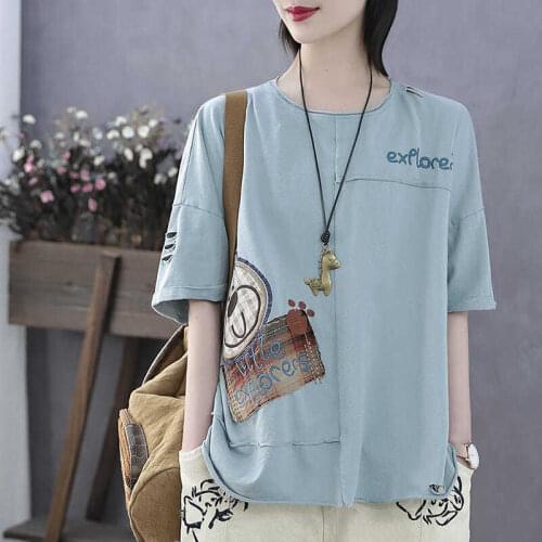 100% Cotton Vintage T-Shirts Women Short Sleeve Summer Tops Loose Casual O-Neck Korean Version Fashion Female Print MM1135