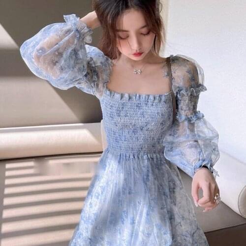 Bella 2021 new Summer Kawali Floral Dress Elegant Patchwork Print Sweet Dress Female Puff Sleeve French Party Midi Korean Dress
