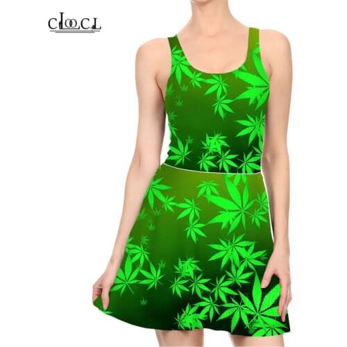Fashion Weed Plant Leaves Dress Mini 3D Print Sexy Dress for Women Sleeveless Pleated One-piece Beach Dresses Vestidos De Fiesta