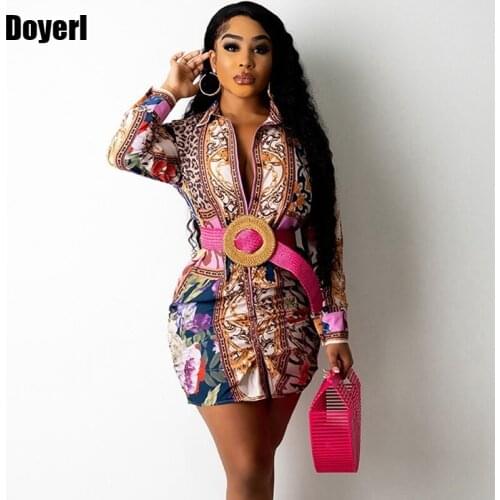 Spring Autumn Long Sleeve Shirt Dress Women Turn Down Collar Printed Oversized Button Up Shirt Dress Mini Casual Party Dress