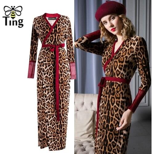 Tingfly Leopard Print v neck sexy dress High split Lace Patchwork women Maxi dress autumn winter long party ladies dresses XL
