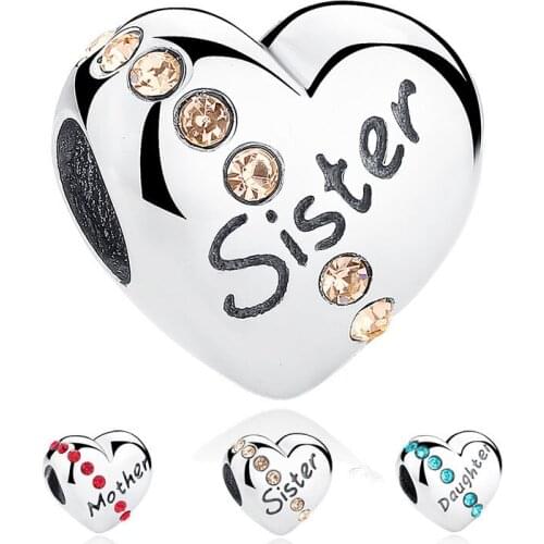 100% 925 Sterling Silver Mother Sister Daughter Heart Bead Fit Charms Original Bracelet Family Beads Jewelry Making