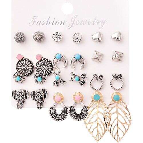 12 Pairs Golden Earrings Retro Rhinestone Set for Women Jewel
