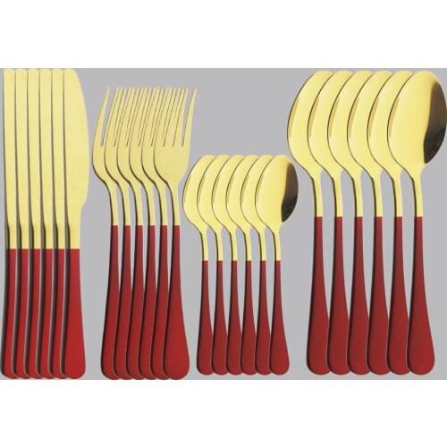 24pcs Red Gold Dinnerware Set Stainless Steel Tableware Set Knife Fork Coffee Spoon Flatware Set Dishwasher Safe Cutlery Set
