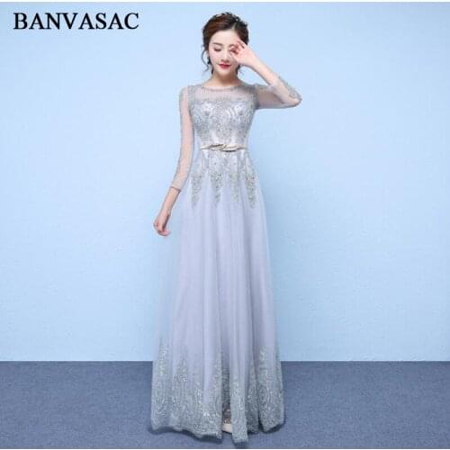 BANVASAC 2018 Illusion O Neck Crystal A Line Long Evening Dresses Elegant Lace Party Sequined Leaf Sash Prom Gowns