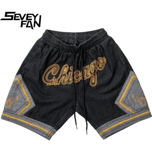 SEVEYFAN Chicago Embroidery Denim Shorts Mens Hip Hop Drawstring Patchwork Basketball Sport Shorts for Male