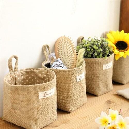 Jute Cotton Linen Flower Pot Small Sacks Hanging Storage Basket Sundries Cosmetic Storage Bag Organizer With Handle Home Decor