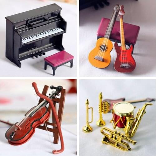 1/12 Scale Mini Doll Musical Instruments Piano Violin Guitar Drum Microphone Saxophone Trumpet Model Dollhouse Accessories