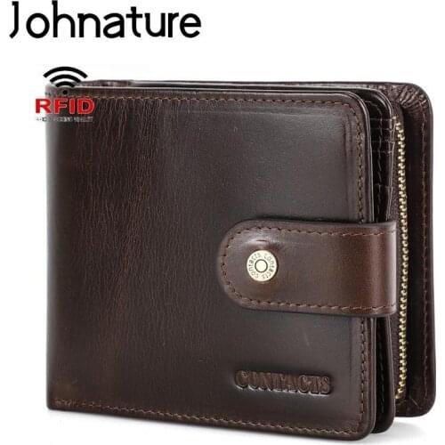 Johnature Genuine Leather Rfid Anti Theft Men Wallets 2021 New Fashion Buckle Tri-fold Unisex Soft Cowhide Wallet Card Holder