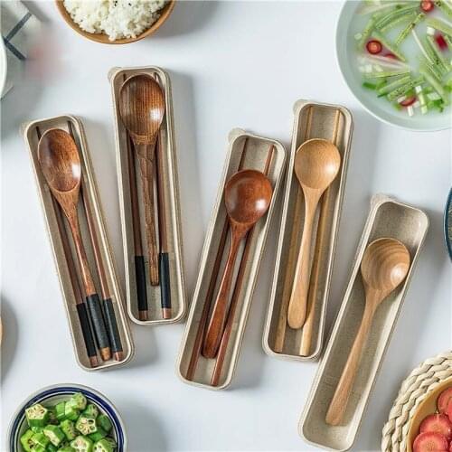 3-piece Solid Wood Tableware Set Environmental Protection Spoon Portable Student Outdoor Household Kitchen Supplies