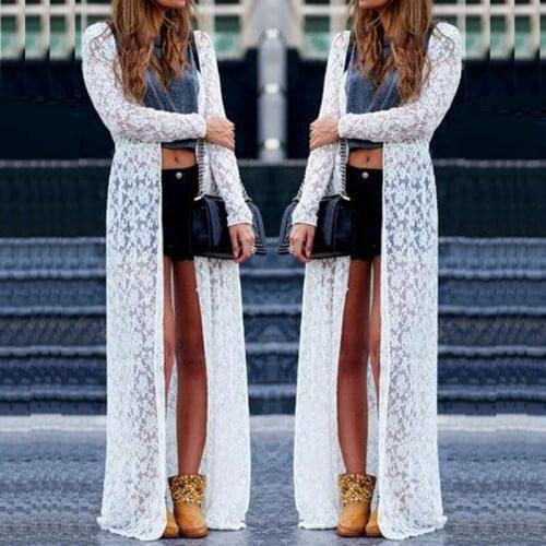 New Fashion Ladies Women Long Sleeve Floral Lace Beach Long Cardigan Casual White Bikini Cover Ups Wrap Beachwear