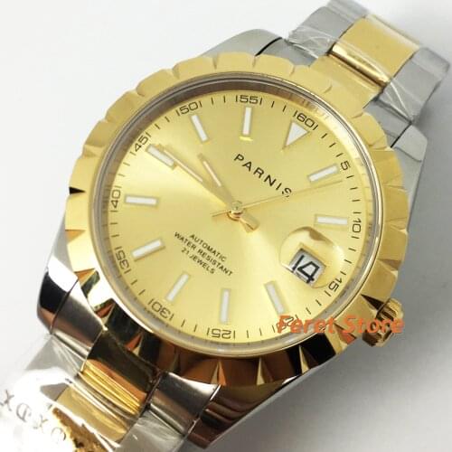 Parnis 2020 new mens top business watch 39mm gold case sapphire crystal date window 21 jewels Miyota movement automatic watch