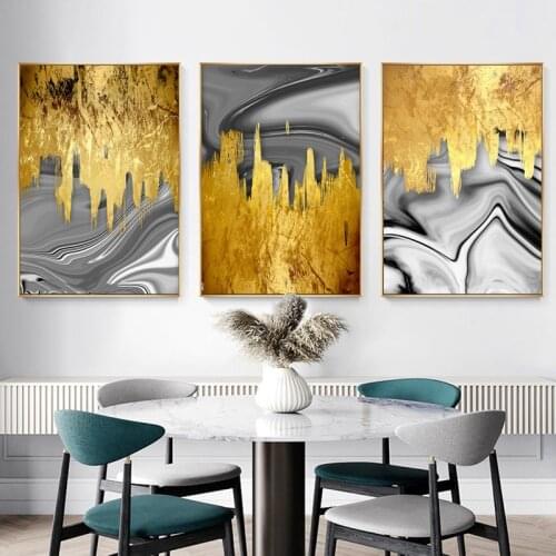 Nordic Abstract Minimalist Golden Grey Waves Canvas Painting 3 Panels Wall Art Poster and Print Modern Picture for Home Decor