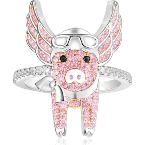 SLJELY Pure 925 Sterling Silver Pink Flying Piggy Finger Ring Pave Zircon Pig with Wings for Women Fine L'AVIATEUR Jewelry