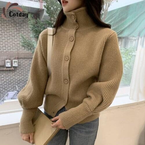 Cotday Spring And Autumn Stand Collar Lantern Sleeve Mujer Khaki Casual Knit Single Breasted Retro Woman Cardigans Sweaters