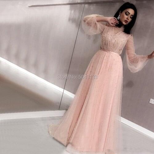 Full Beads Coral Evening Dresses Formal 2021 Black Muslim Long Islamic Dubai Arabic Tulle Prom Evening Gowns with Sleeves