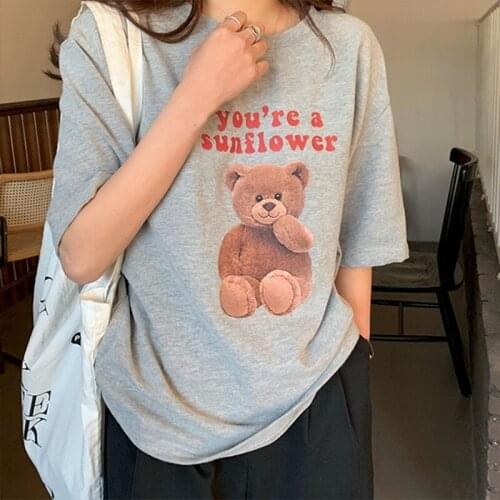 Vintage Bear Tee Shirt Femme Tshirt Women Korean 2021 Summer New Style Clothes Cotton Loose Cute Tops for Women E Girl T Shirt