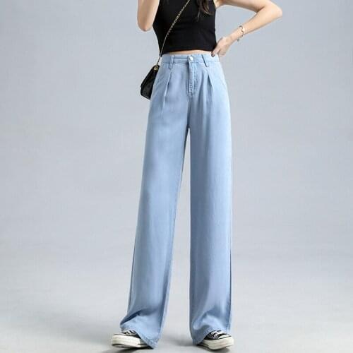 Womens Thin Tencel Wide-leg Jeans Spring and Summer Fashion Loose Elastic Waist Trousers Summer Cool Casual Denim Pants
