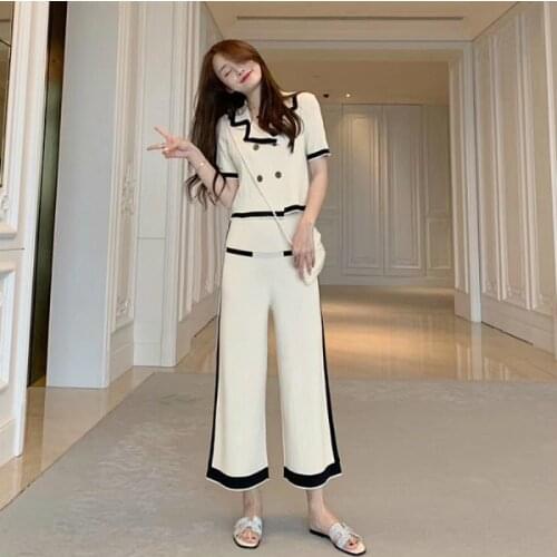 Autumn Womens Sets New Turn Down Collar Short Sleeve Double-breasted Knitted Cardigan Top + Wide Leg Pants Suits Two Pieces Set