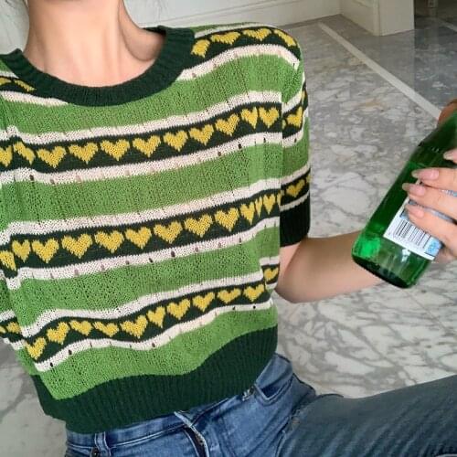 Short Sleeve Sweaters Women 2021 Spring Summer Vintage Stripe Green Heart Pattern Knitted Top Crop Knitwear Cute Ladies Jumpers