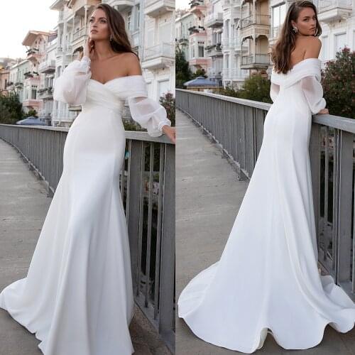 Organza Mermaid Off Shoulder Wedding Dress Long Sheer Puffy Sleeves Custom Made Vestido De Noiva Pleated Satin Bridal Gowns