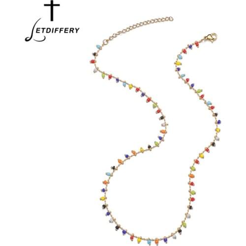 Letdiffery Vintage Tassel Colorful Rhinestone Beaded Women Necklace Stainless Steel Bohe Handmade Red Beads Choker Jewelry