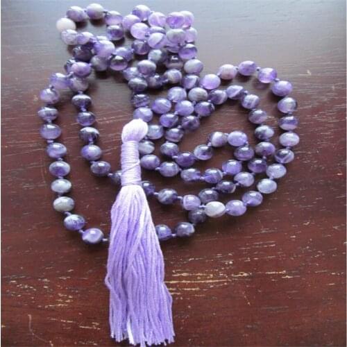8mm Amethyst Gemstone 108 Beads Tassels Mala Necklace Sutra Bless Chakas Unisex Gemstone Wrist Meditation spirituality energy