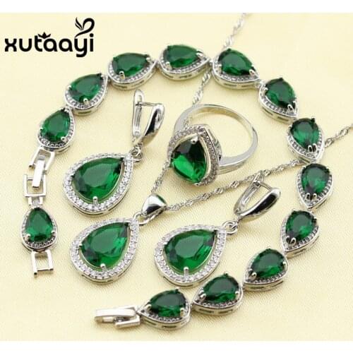 925 Silver Water Drop Wedding Jewelry Set For Women Green Stones White crystal Bracelet Earrings Necklace Pendant Rings
