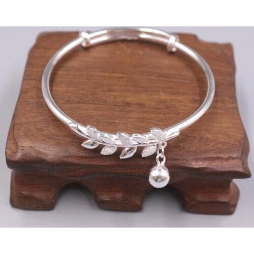New Pure Solid 999 Fine Silver Bracelet Ball Pendant 11mm Leaves Pattern Bangle Diameter 58-64mm
