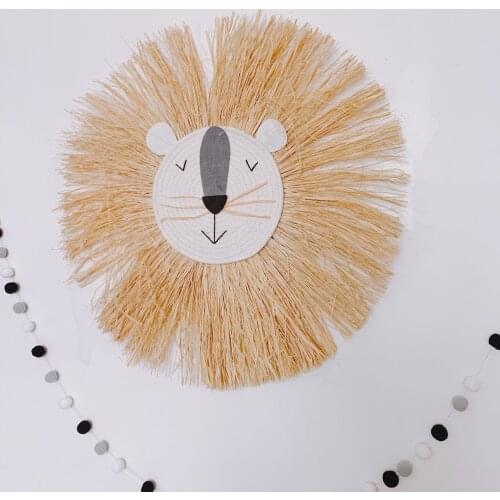 Kids Room Decor Animal Head Wall Decor Hand Woven Cartoon Lion Animal Kindergarten Nursery Hanging Decoration Baby Girl Gift