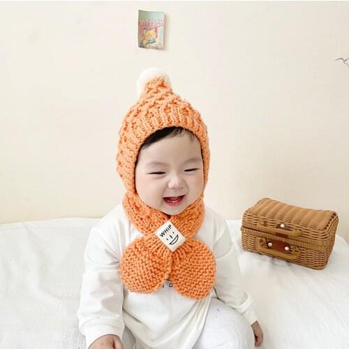 0-2T Baby Hat Childrens Fur Ball Knitted Hat Scarf 2PCS Set Winter Boys Girls Lovely Knit Warm Wool Hat Ear Cap Cotton Beanie