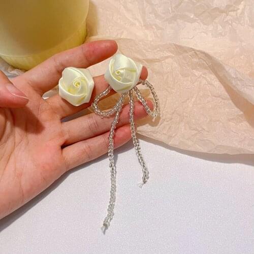 Elegant Ribbon Rose Flower Tassel AB Earrings For Women Spring Summer Beach Holiday Jewelry Boho Accessories