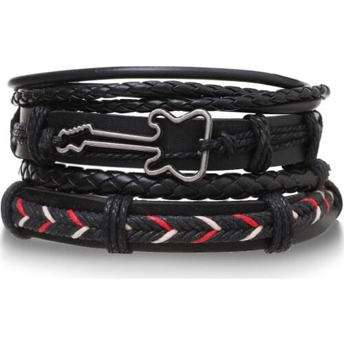 FAMSHIN New Gothic 4 Pcs/set Guitar Cross Leaf Handmade Charm Weave Leather Bracelets Set For Men Women Party Gifts Male Jewelry