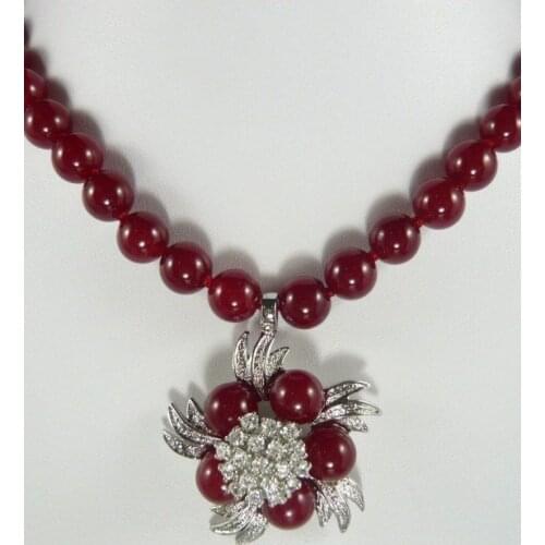 Fine ladys accesspry red jade inlay Crystal Flower Pendant Necklace