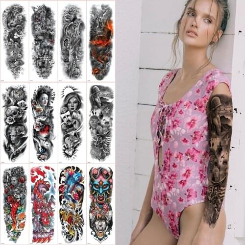 Skeleton temporary tattoo arm sleeves for men women halloween body stickers tattoo large black tattoos oversleeve sexy tatoo big
