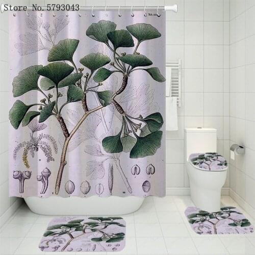 Ginkgo Bath Curtain Set Natural Plants Shower Curtain Set Floor Mat U Shape Mat Toilet Bath Bathroom Curtian Sets Home Decor