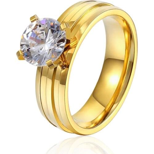 Hot fashion Stripes stainless steel Colour gold crystal engagement ring married women ring jewelry wholesale