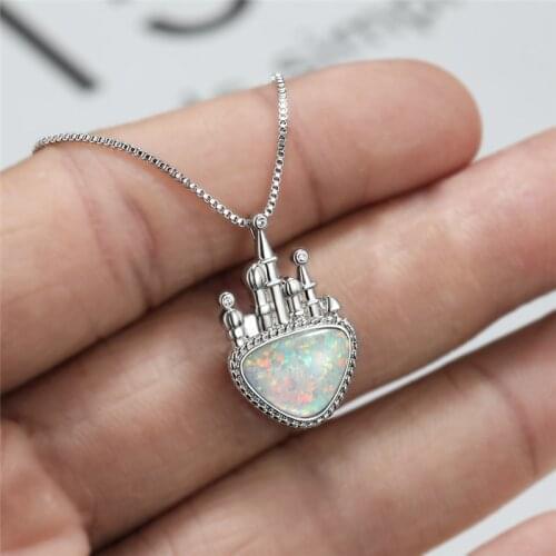 Trendy Geometry Opal Wedding Necklace Cute Female Crystal Castle Pendant Necklace Classic Silver Color Chain Necklaces For Women