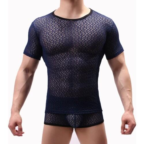Mens Mesh See-through Fishnet T Shirt Fashion Sexy Short Sleeve Nightclub Wear T-shirt Men Party Perform Streetwear Tops