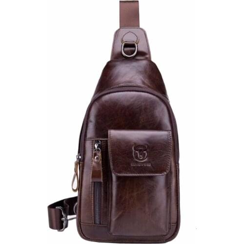 BULL CAPTAIN Men Leather Retro Cross Body Bags Riding Sling Chest Bag Shoulder Messenger Bag with External USB Charging Port