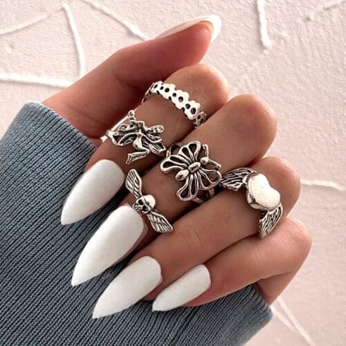 Punk Vintage Silver Color Poker Billiards Ring Set for Women Gothic Heart Anillos Hip Hop Y2k Korean Fashion Male Gift Jewelry